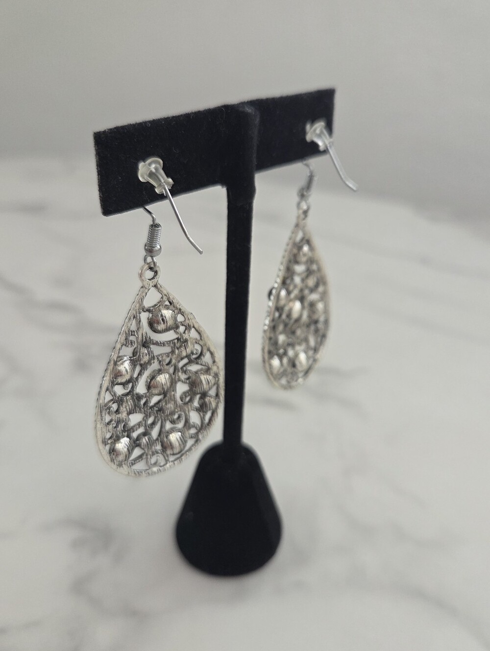 Paparazzi Silver Filigree Teardrop Earrings with Emerald Rhinestones - Picture 10 of 12